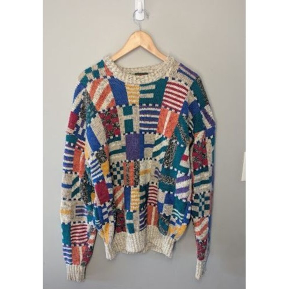 VTG Boston Traders Cotton Colorblock Geometric Retro Funky Sweater 2XLT